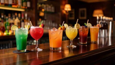 Colourful cocktails lined up on a bar counter for Cheltenham Cocktail Week 2026