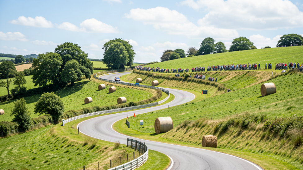 The winding hill climb course at Prescott, Gotherington, with spectators watching from the bank