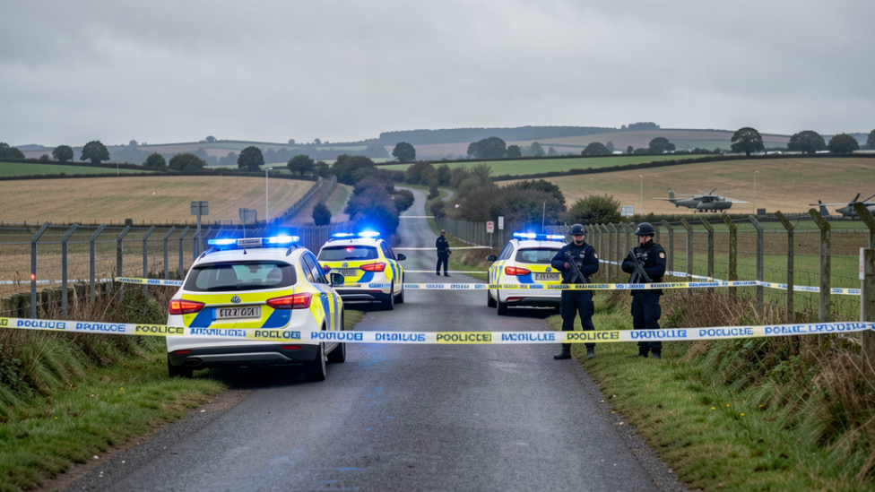 Police cordon near RAF Fairford airbase perimeter following major incident