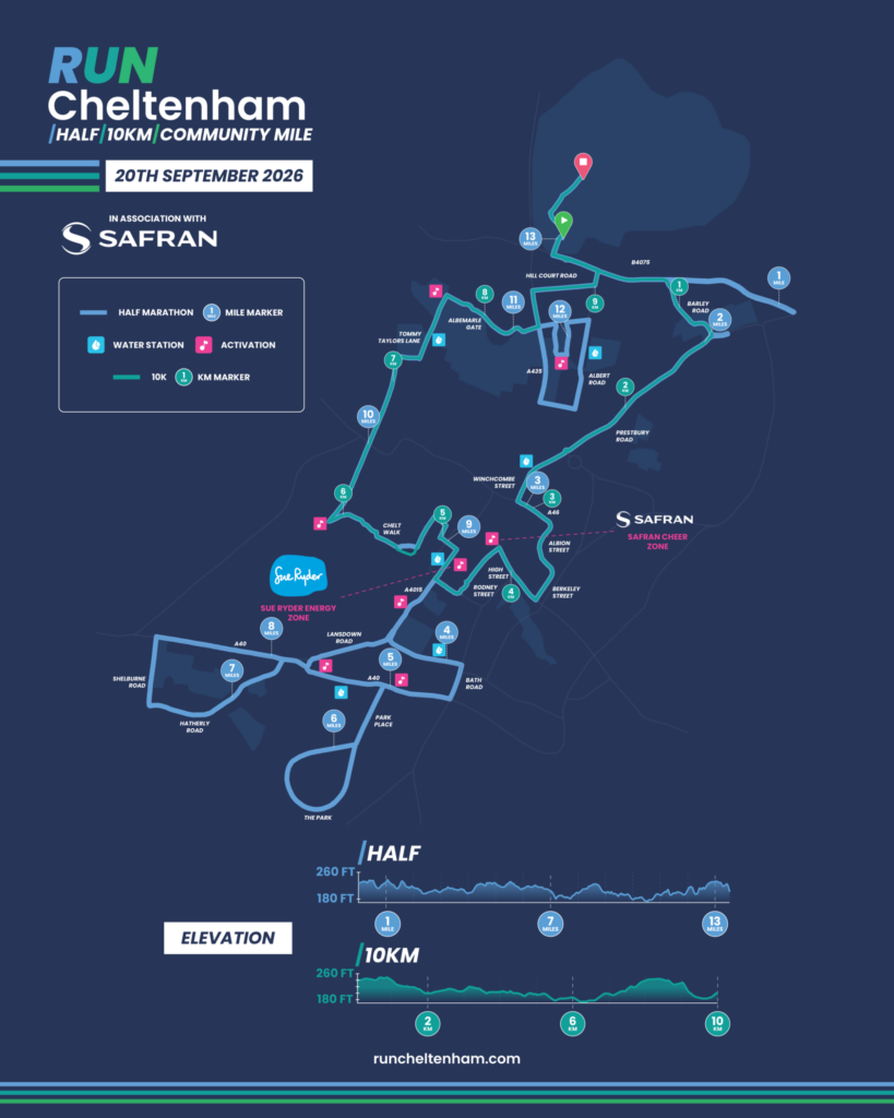 Map of the Run Cheltenham 2026 Half Marathon and 10K route showing road closures