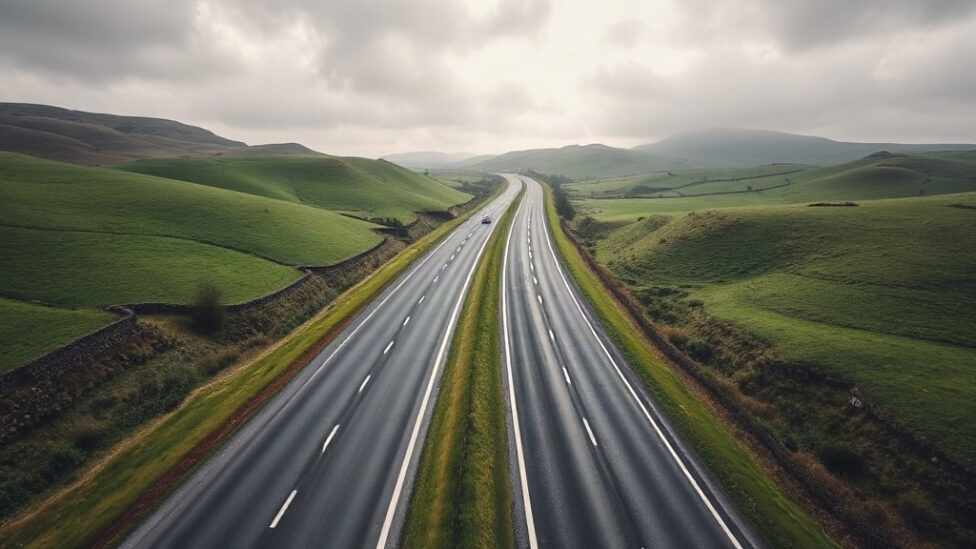 Aerial view of new A417 dual carriageway through Cotswold hills in Gloucestershire