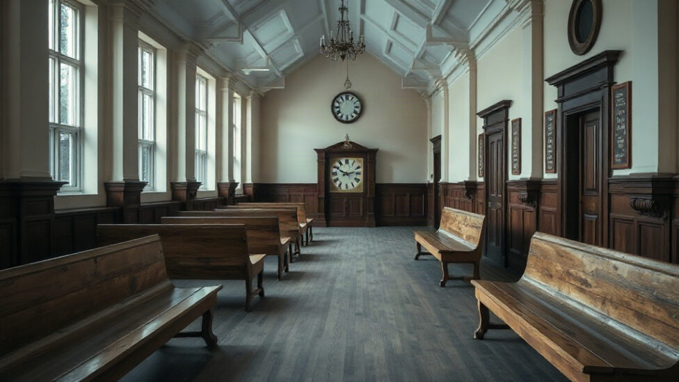 Empty courthouse corridor with wooden benches in an English market town