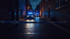 Police tape across a dark alleyway, blue lights reflecting on wet cobblestones