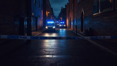 Police tape across a dark alleyway, blue lights reflecting on wet cobblestones