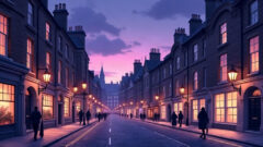 Cheltenham high street at dusk, with stone buildings glowing purple under street lamps