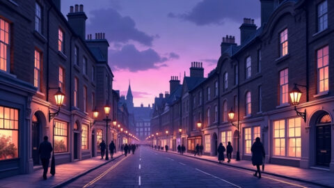 Cheltenham high street at dusk, with stone buildings glowing purple under street lamps