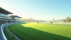 Wide view of a green racecourse turf track with white rails curving past a modern grandstand on a bright morning, with a few horses on the grass