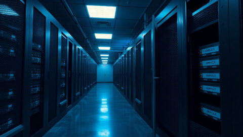 Secure government data facility corridor with server racks
