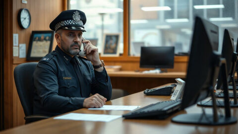 A police officer at a desk representing a fraud warning from Gloucestershire Police