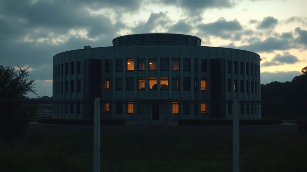 Exterior of a secure intelligence building at dusk behind a perimeter fence