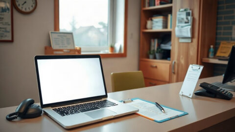 GP surgery reception desk with a laptop