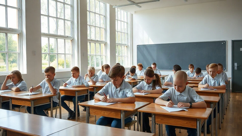 Children sitting an entrance exam in a school hall in Gloucestershire