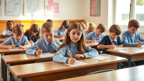 Primary school children taking entrance exams in a bright classroom