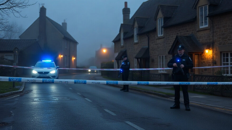Police cordon on a Cotswolds village street at dusk - Lechlade shooting trial