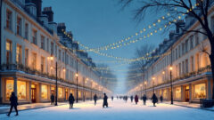Snowy Regency-style street at dusk with cream stone terraces, strings of golden Christmas lights overhead and people walking below