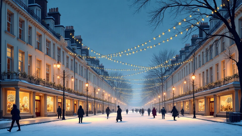 Snowy Regency-style street at dusk with cream stone terraces, strings of golden Christmas lights overhead and people walking below