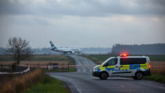 Police cordon on a rural lane near RAF Fairford airfield