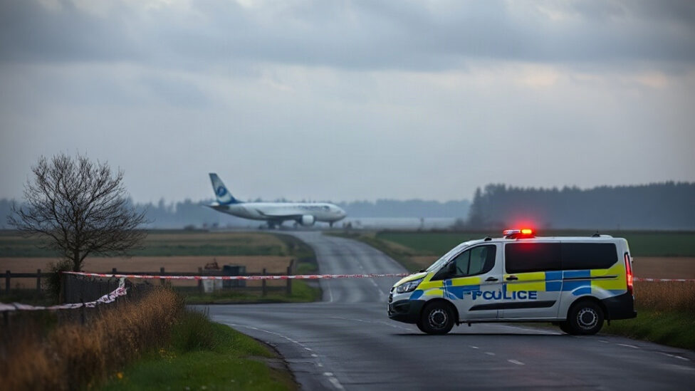 Police cordon on a rural lane near RAF Fairford airfield