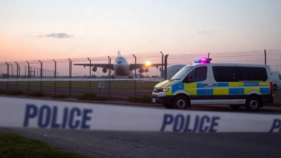 Police cordon tape and a police van beside an airbase fence at dusk