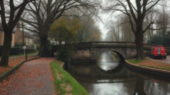 Quiet canal towpath beside a stone footbridge in Gloucestershire, with bare trees and fallen leaves