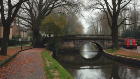 Quiet canal towpath beside a stone footbridge in Gloucestershire, with bare trees and fallen leaves